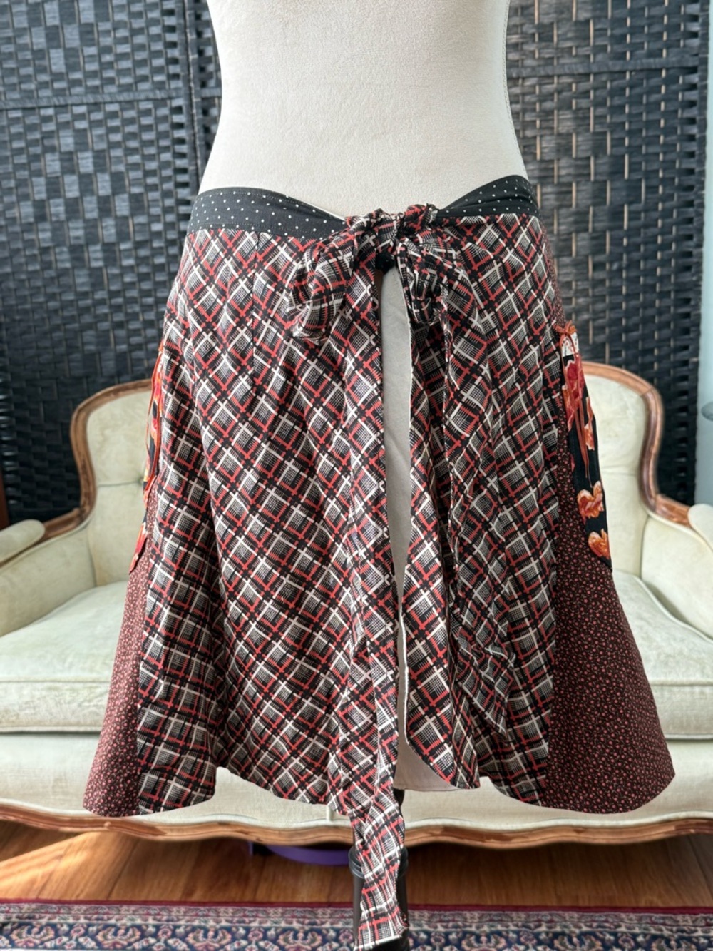 🥓 Bacon Handmade Patchwork Apron Skirt Pockets Tie-On Lined Retro Kitchencore 🥓 - Picture 4 of 8